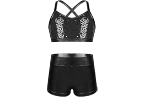 FEESHOW Maillot de Bain 2 Pieces Enfant Fille Costume Gymnastique Brillant Paillette Ensemble Danse Tenue Ballet Gym Haut Gilet à Bretelle & Short de Danse Sport Outfit