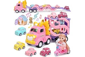 CUTE STONE Ensemble jouets camion rose pour filles, toboggan extra long, véhicule transport pliable avec lumière et son, jolie poupée, 4 voitures à tirer, 1 moto, 2 chiens compagnie, cadeaux princesse