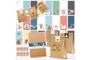 Int!rend Calendario de adviento Set | 25 bolsas de papel kraft, 25 pinzas y 60 pegatinas | Calendario adviento DIY para llenar con regalos, Navidad regalo