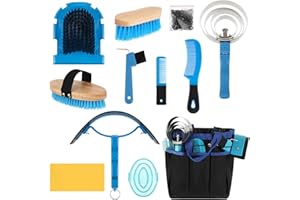 Abbylike 12 Pieces Horse Grooming Kit with Organizer Tote Bag Tack Room Supplies Horse Brush Sets Equine Care Cleaning Kit Shedding Grooming Massaging Tools(Blue)