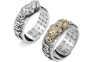 Kucheed Feng Shui PiXiu Bague, Réglable Mantra Bagues pour Hommes Femmes,Sutra MANI Amulette Gravée Protection Richesse Amour Prospérité,Rétro Bouddha Ancien Lucky Band Bijoux Cadeau (2 Pièces - A)