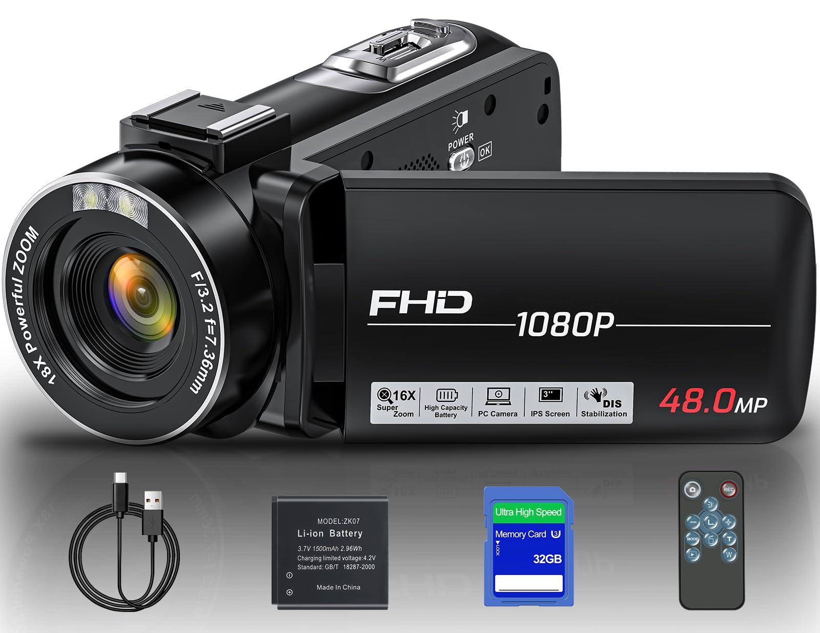 MAKENJU Video Camera Camcorder, Full HD 1080P Camcorder 48MP 16X Digital Video Camera for YouTube, 3.0 Inch IPS Screen Vlogging Camera Recorder with Remote Control, 32GB Card and Battery