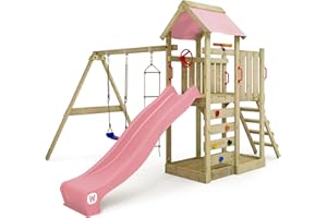 WICKEY Aire de Jeux MultiFlyer portique en Bois avec balançoire et Toboggan, Tour d'escalade pour Enfants avec bac à Sable, échelle et Accessoires de Jeu pour Le Jardin. (Rose Pastel)