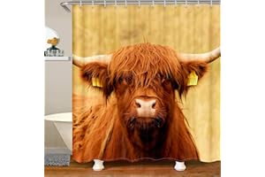 LOUSSIESD Krowa zasłona prysznicowa wyżyna krowa łazienka zasłony prysznicowe z 12 haczykami dzieci chłopcy dziewczęta prosta nowoczesna sztuka abstrakcyjna wodoodporna tkanina zasłona prysznicowa zwierzę brązowa żółta, 182 x 233 cm