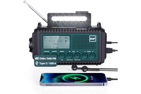 Radio à Manivelle Dab+/Dab/FM avec Batterie Rechargeable 5000mAh, Urgence avec Lampe de Poche, Camping Portable avec Fonction de Charge USB, Dynamo SOS Alarme, pour la Randonnée