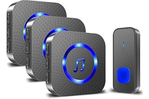 Sonnette sans Fil Exterieur, IP55 Étanche, Portée de 400M avec Pile Kit de Carillon et 3 Récepteur Enfichables, 5 Niveaux Volumes, 55 Mélodies et Indicateur LED Bleu, Noir