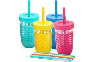 Smiths Mason Jars - Toddler Cup with Straw - Set of 4 Leak-Proof, Spill-Proof Glass Sippy Cup - 8oz Kids Sippy Cups with Silicone Sleeves - Colorful Kids Cups for Travel, Smoothies, and Daily Use