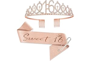 JurciCat 16 Geburtstag Geschenke Birthday Girl Party Deko Decoration 16. Geburtstag mädchen Schärpe und Tiara Rose Gold Krone
