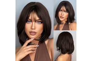HAIRCUBE tiene el pelo corto y rizado encantador Bob y la peluca bang son de naturaleza femenina fiesta de fibra sintética resistente al calor/juego de roles/ropa/peluca diaria (Marrón oscuro)