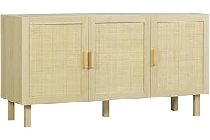 HOMCOM Aparador 3 Puertas de Rejilla de Ratán Aparador para Salón Nórdico con Estantes Ajustables para Comedor Entrada Dormitorio Natural 136x41x70 cm
