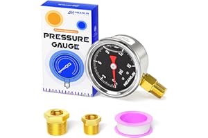 MEANLIN MEASURE 0~15Psi Stainless Steel 1/8" NPT 1.5" FACE DIAL, Glycerin Filled Pressure Gauge, Liquid Filled, Lower Mount(Black) with 1/4" NPT and 3/8" NPT Hex Bushing
