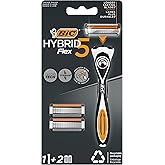 BIC Hybrid 5 Flex Men's Razor 1 Handle and 2 Replacement Heads (5 Blades), 5 Nano Technological Titanium Blades, Zeng with Vitamin E