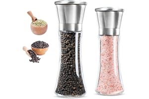 LXYANW Molinillo de Pimienta y Sal y Especias Manual, 2 Unidades molinillo de sal y pimienta de Acero Inoxidable y vidrio con Moledor Cerámico Ajustable, Pimentero Saleros de Cocina Modernos