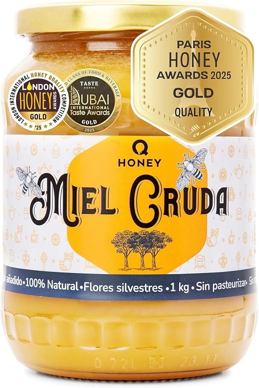Qhoney, Ganadora de Oro - Paris Raw Honey Awards 2025 - Miel Pura de Abeja 1kg, Cruda, Natural, sin Pasteurizar, sin Azúcar