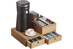KIRIGEN Organizzatore da banco in legno per accessori da bar Organizzatore per capsule di caffè con cassetto giallo-marrone