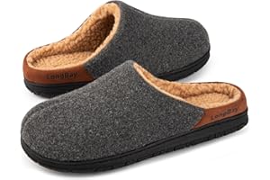 LongBay Men's Wool-Like Slippers Memory Foam House Shoes with Warm Sherpa Lining for Indoor Outdoor Winter