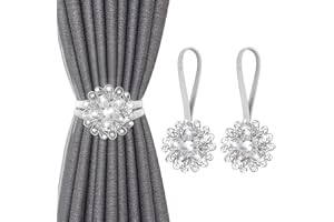 FACIACC Curtain Tie Backs Magnetic Curtain Tiebacks, Sparkling Curtain Ties, Crystal Floral Decorative Drapery Curtain Buckle Curtain Holder No Drilling Curtain Holdbacks for Home Office, 2 Pack