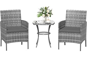 Amopatio Rattan Gartenmöbel Set, Balkonmöbel Set Kleiner 3 teilig, Outdoor Gartenlounge Wetterfest, Bistrotisch mit 2 stühlen, Terrassenmöbel für Terrasse, Balkon, Garten, Grau