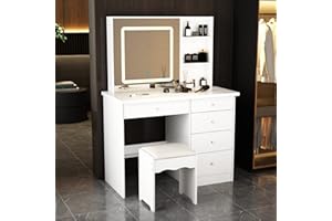 PREMTURE Schminktisch mit LED-Beleuchtung, Kosmetiktisch mit super großen rechteckigen Spiegel, 5 Schubladen, Schminktische, Frisiertisch mit gepolsterter Hocker, Großer Stauraum, MDF, 46 x 100 x 135 cm