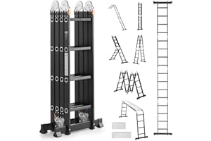 VEVOR Échelle Pliante Polyvalente 7 en 1 Escabeau Télescopique Réglable avec Planche Échafaudage, Barre Équilibre, Hauteur de Portée 4,65 m, Charge 150 kg, Cadre A 4 Marches, pour Extérieur Intérieur