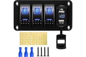 Rupse 12v Switch Panel ON/OFF Toggle Switch Panel, IP65 Waterproof 12V/24V Dual USB Charger Port 4.8A with Digital Voltmeter Display for Car Truck Boat Trailer RV UTV ATV Yacht Trailer (3 Gang)