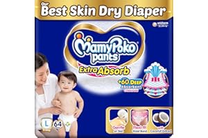 MamyPoko Pants Extra Absorb Baby Diapers, Large (L size) | 9-14 kg | 64 Count |Deep Sleep Diapers| Soft gentle fit |Deep Absorbent Crisscross | skin friendly with coconut oil |