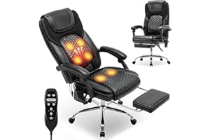 ‎COLAMY COLAMY Ergonomic Leather Executive Chair with 6 Point Massage & 3 Level Heating Function, Height Adjustable, Adjustable Backrest, Extendable Footrest - Office & Home Office, Black