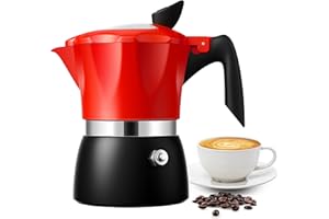 TWOMEOW Stovetop Coffee Maker Espresso Italian Moka Pot with Transparent Top Lid, 150ml-3 Espresso Cups, Classic Aluminium Coffee Percolator, Red/Black