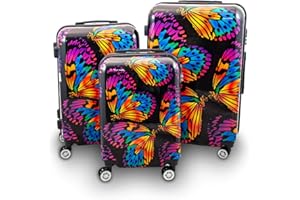 Berwin® Design Koffer Reisekoffer Trolley Hartschalenkoffer Polycarbonat mit 4 Rollen als Set (Butterfly Schwarz, 3er Set (M/L/XL))