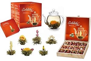 Creano – Set Mix di 6 Fiori di Tè Bianco e Teiera 500ml + 12 Fiori di Tè Bianco in scatola di Legno - Ideale Regalo Natale Donna Uomo San Valentino