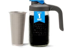 County Line Kitchen Cold Brew Coffee Maker, Mason Jar Pitcher - Heavy Duty Soda Lime Glass w/Stainless Steel Mesh Filter & Flip Cap Lid - Iced Tea & Coffee