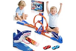 VATOS Rennstrecken Spielzeugauto Set für Kinder, Hai Spielzeug Autorennbahn mit 2 Rennwagen & 2 Looping Track, Springspiel Hai Katapult Stuntbahn, Spielzeug Geschenk für Jungen ab 3 4 5 6 7 8 Jahre
