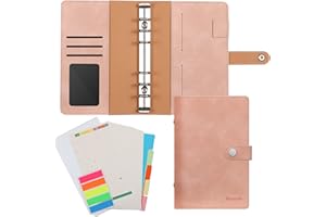 A6 Budget Binder Planner, KENOBEE 6-Ring Notebook Folder, Vintage PU Leather Loose Leaf Cover with 12 Pcs Clear Plastic Envelopes Pockets & 5 Pcs Page Markers & Self-Adhesive Label Stickers & Papers