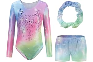 Hovershoes Gymnastics Leotards for Girls Sparkle Colorful Dancing Athletic Leotard with Glitter Tumbling Dance Shorts and Headband for 5-14 Years Kids Teens