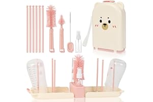 AOOTE Brosse à Biberon de Voyage, Kit de Goupillon pour Bébé, Ensemble de Brosses de Qualité Alimentaire, Ensemble Goupillon Biberon avec égouttoir, Brosse Biberon et Sèche-Biberon sans BPA