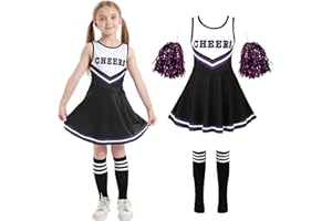 Cnexmin Deguisement Cheerleader Costume De Cheerleader Pour Filles Uniforme De Pom-Pom Girl Cosplay Costume Avec Pompoms Manches Costume Cheer Leader Halloween Carnaval Mascarade,3-12 Ans