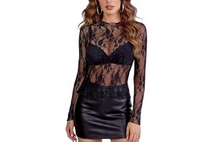 BSBUY Sexig genomskinlig mesh-topp för kvinnor, långärmad spets T-shirt, chic och elegant blommig nättopp, tyllskjorta för kl