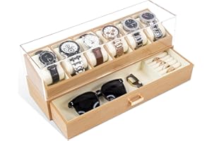 KAMIER Pudełko na zegarki męskie z 6 przegródkami, kuferek na zegarki z prawdziwego drewna, 2 poziomy, pudełko na zegarki z wyjmowanymi poduszkami na zegarki i szufladą, prezent dla ojca i przyjaciela, dąb