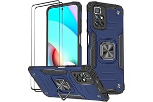 KANSi Case for Xiaomi Redmi 10 / Redmi 10 2022, Protective Film [Pack of 2] Silicone TPU Hard PC Mobile Phone Cases 360 Degree Rotating Ring Holder Bumper Shock Absorption Protective Case - Blue