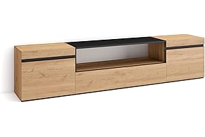 Skraut Home | Mueble TV | Televisión | Muebles de salón, almacenaje | 200x45x35cm | para TV hasta 80" | con Almacenamiento | Estilo Moderno | Roble y Negro