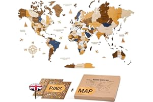 WOW WOOD® Premium Decorazione da parete Mappa del mondo in legno 3D in inglese con puntine | Montaggio a parete senza attrezzi | Idea regalo per ogni ricorrenza (Multicolore, 62.00 x 120.00 cms)