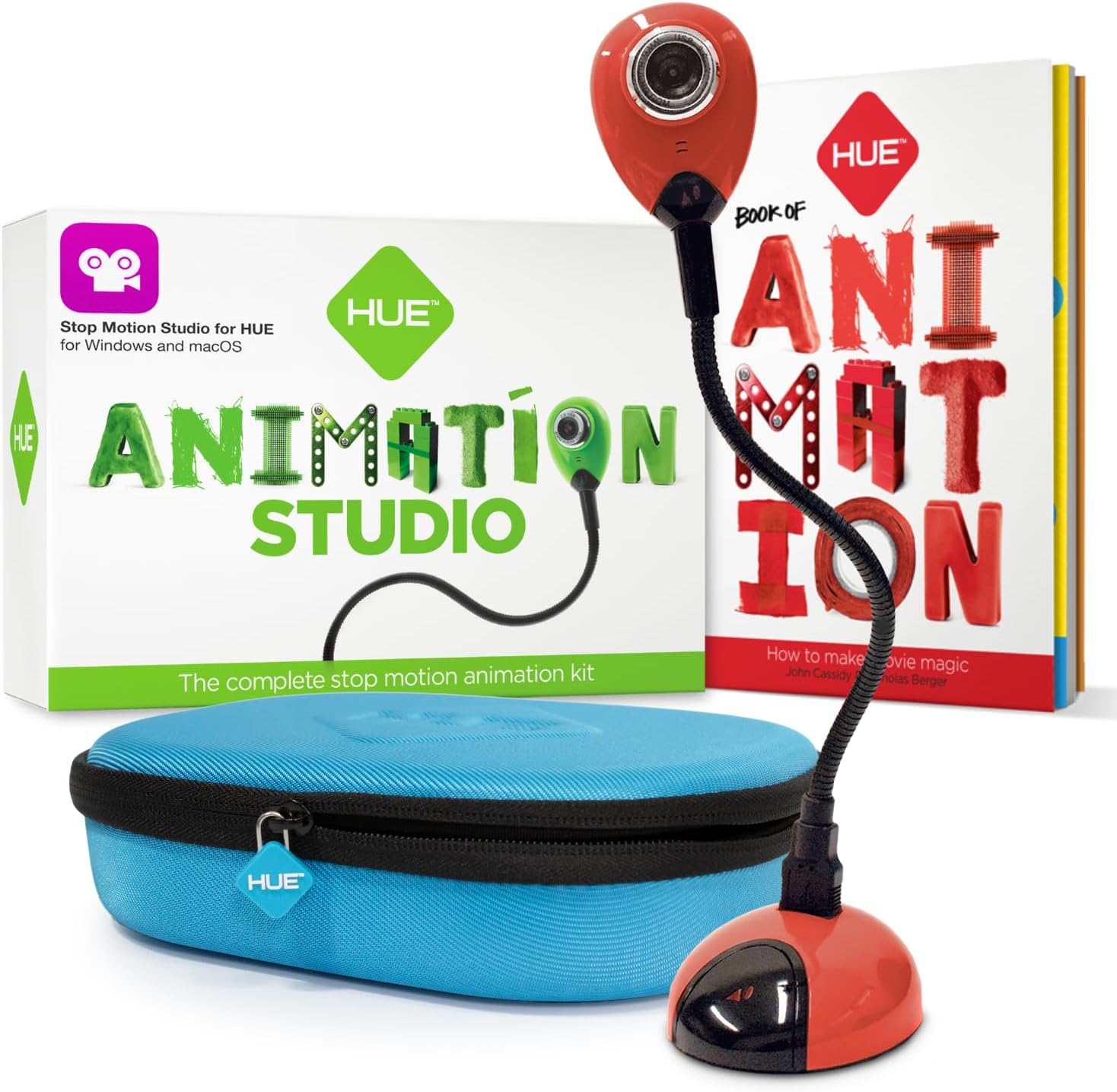 HUE Animation Studio: Kit Completo de Stop Motion (Cámara, Software, Libro) para Windows/macOS (cámara Roja con Funda)