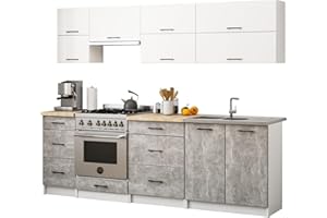 AKORD | Set di Mobili da Cucina Olivia 2.4m G2 | Cucina Completa Piccola | Componibile | su Misura 46 x 180 x 174 cm | Per un design moderno e Tradizionale | Bianco & Cemento Frontale