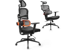 Newtral Ergonomiczne krzesło biurowe – krzesło do biurka z wysokim oparciem z wyjątkowym regulowanym podparciem lędźwiowym, regulowanym oparciem i głębokością siedziska, funkcja nachylenia, zagłówek