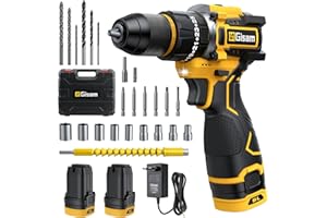 GISAM Taladro Percutor a Bateria, 65Nm Destornillador Eléctrico con Ajuste de Par 25+3 Modos, Taladro Atornillador Bateria con 2 Baterías 2000mAh, 2 Velocidad, 28 Accesorios, LED Luz Para Hogar, Bricolaje