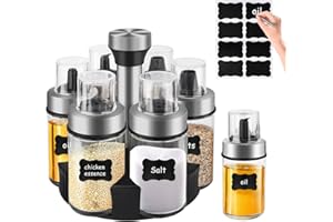 SITAYAKUMA Set de 6 Frascos de Vidrio Alimentario para Aceite, Vinagre, Especias - 160 ml, Botellas con Tapa y Junta Hermética para Mantener la Frescura, Incluye Soporte Giratorio y 8 Etiquetas Autoadhesivas