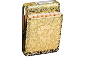 RWXCOW Zigarettenetui mit Feuerzeug Zigarettenbox Elektronisches Integriertem Flammenlose Feuerzeug Aufladbar 16 Stück 84mm King Size Zigaretten Zigarettenschachtel Gold