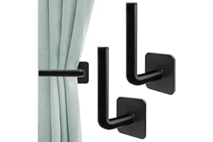 YAOSHENGUP 2 Pack Curtain Holdbacks Adhesive Curtain Tie Backs Hooks, L Shaped Curtain Holdbacks No Drill Black Tie Backs for Curtains, Wall Mounted Curtain Hooks for Home Decor Living Room Bedroom