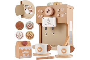 BUYGER Kids Wooden Coffee Machine Toy, Pretend Play Kitchen Appliances Accessories Coffee Playset Role Play Toys Gifts for 3 4 5 Years Olds Kids Boys Girls