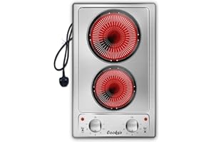 COOKSIR Ceramic Hob 2 Zone, Electric Ceramic Hob 30CM, 220V Stainless Steel Electric Hob, Plug in Ceramic Cooktop with 2 Knob Control, Portable Countertop Electric Cooktop with Plug